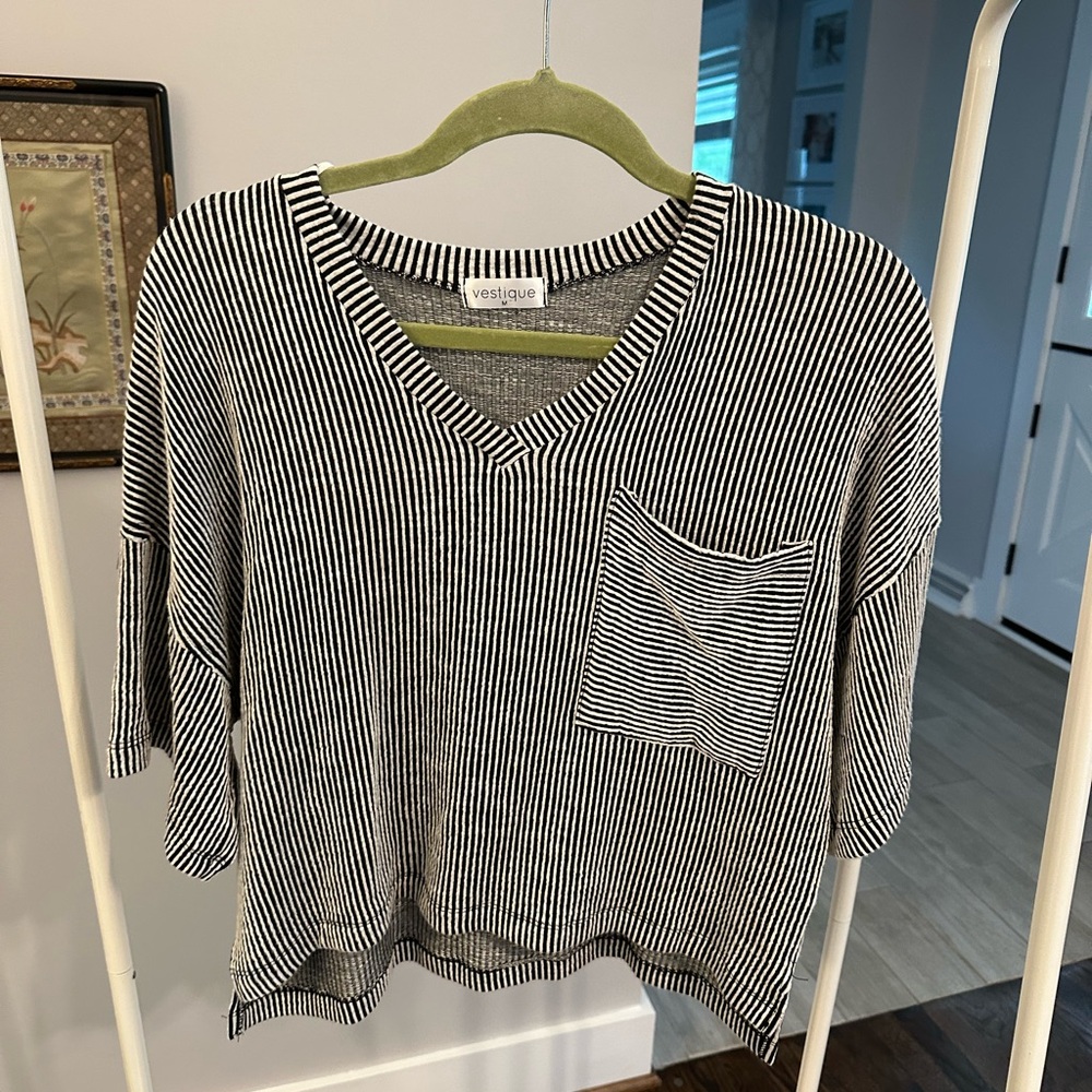 Black and White Striped V-Neck Top